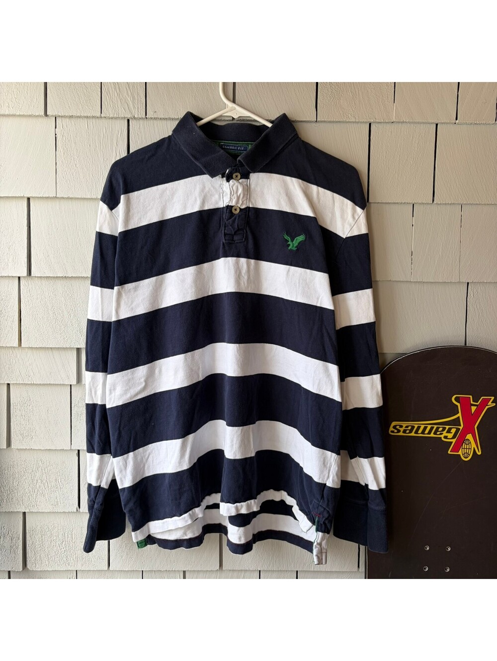 American Eagle Striped Long Sleeve Polo Mens XL Navy Y2K